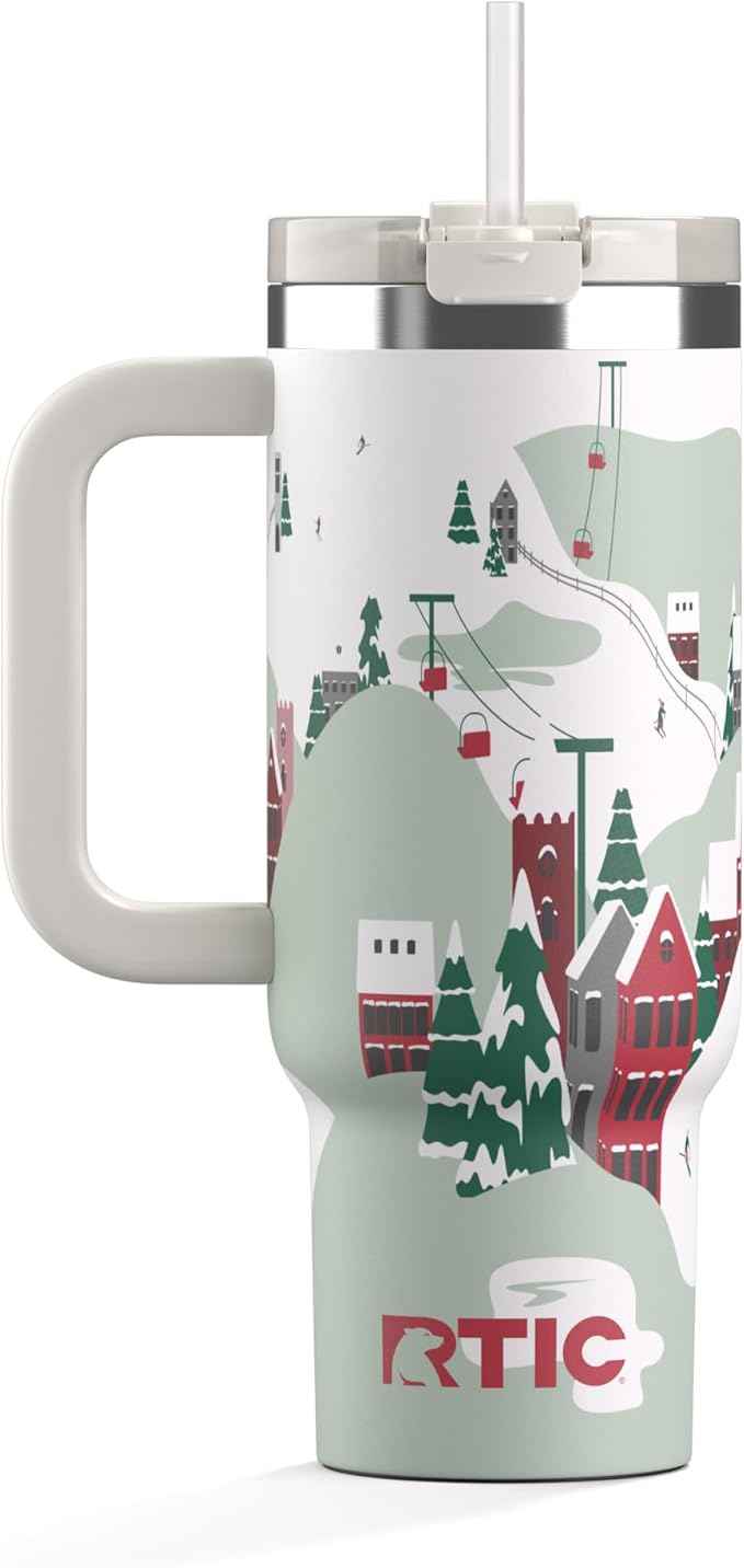 RTIC 30 oz Road Trip Tumbler Double-Walled Ceramic Lined InsulatedStainless Steel Portable Travel Coffee Mug Cup with Lid, Handle and Straw, Apres Ski