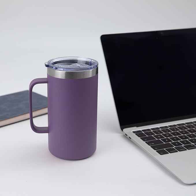 DOMICARE 24oz Mug with Handle and Lid, Stainless Steel Coffee Mug, Travel Mug with Handle, Double Wall Vacuum Coffee Tumbler, Reusable Insulated Cup, Dark Purple, Pack 4