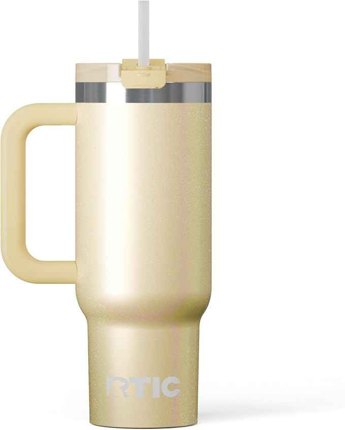 RTIC 30 oz Road Trip Tumbler Double-Walled Ceramic Lined InsulatedStainless Steel Portable Travel Coffee Mug Cup with Lid, Handle and Straw, Sunlight Glitter