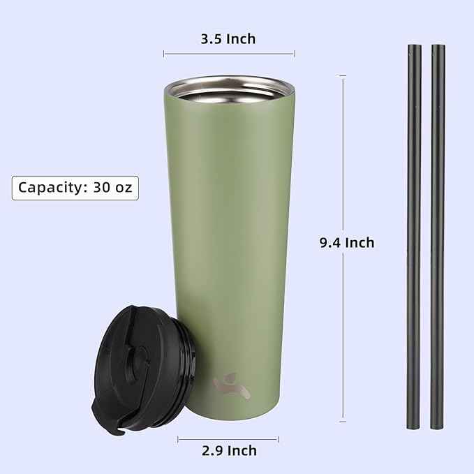 Konokyo 30 OZ Insulated Tumbler with Lid and 2 Straws Stainless Steel Water Bottle Vacuum Travel Mug Coffee Cup,ArmyGreen