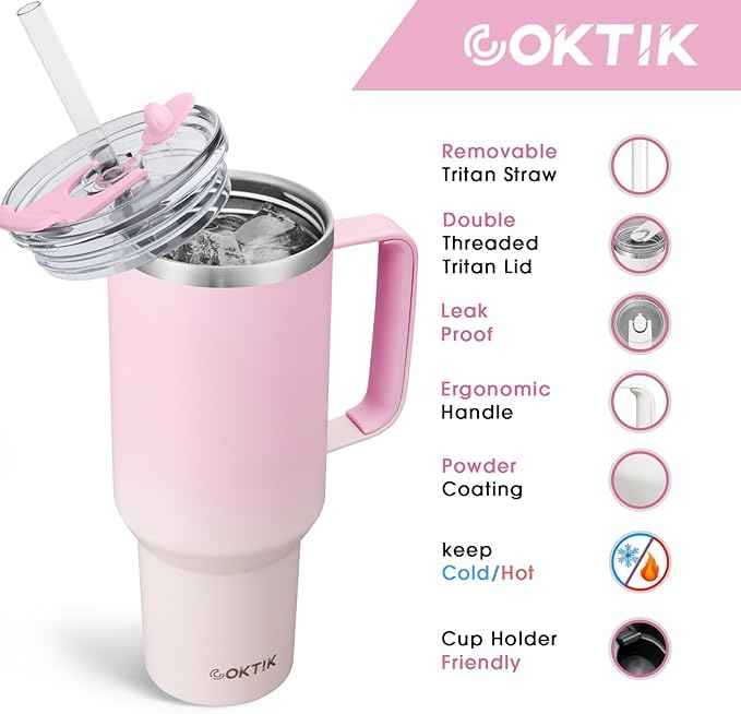 COKTIK 40 oz Tumbler With Handle and Straw, Insulated Tumbler With Leakproof Lids, Stainless Steel|BPA-Free, Cold for 24 H (Sakura)