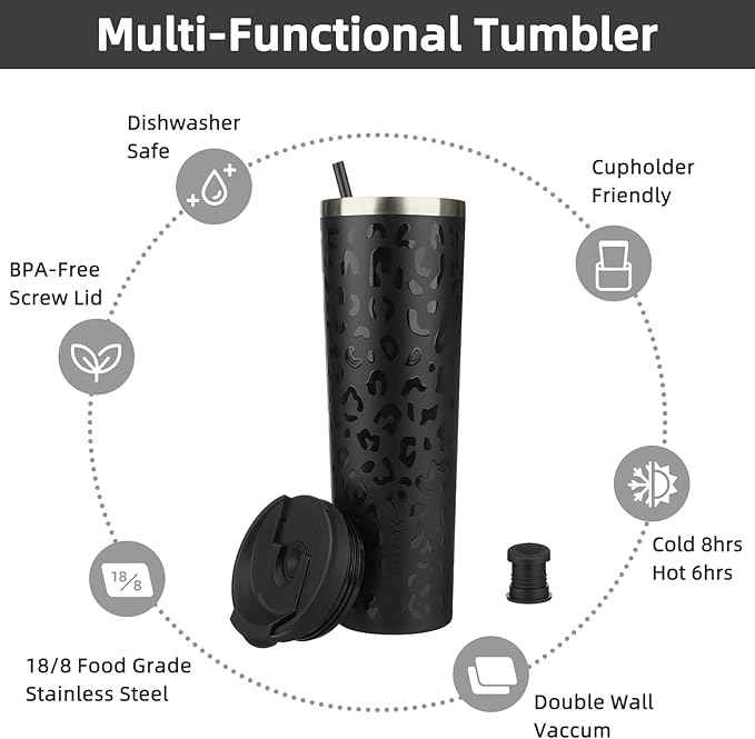 BJPKPK 34oz Insulated Tumbler With lid And Straw Stainless Steel Tumblers Travel Coffee Mug Reusable Thermal Cup,Black Leopard