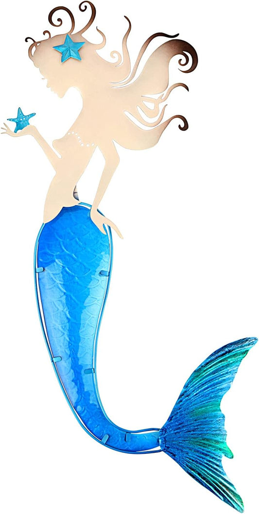 John's Studio Mermaid Wall Decor Outdoor Metal Fish Bathroom Hanging Art Glass Blue Ocean Theme Decorations for Home, Pool and Patio
