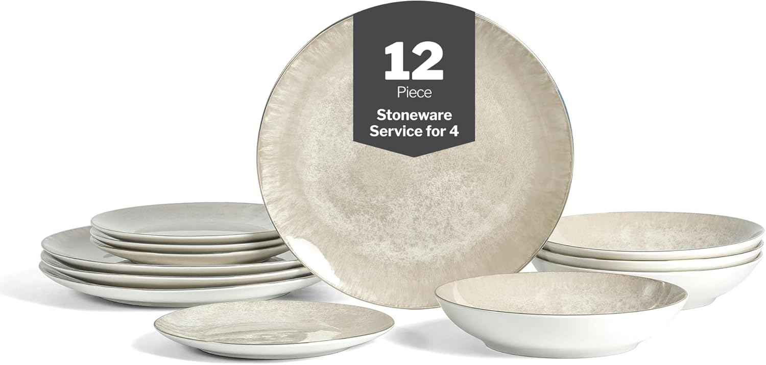Christian Siriano Onyx 12-Piece Dinnerware Set Porcelain, Plates and Bowls Set, Hand Wash Dish, Dish Set for 4, Beige and Gold