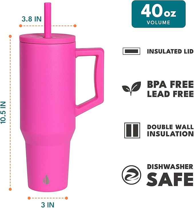 Elemental 40 oz Tumbler with Handle and Straw - Spill Proof Insulated Stainless Steel Commuter for Cold Beverages - Travel Coffee Mug with 2 Straws & Spill Proof Lid - 40oz - Hot Pink