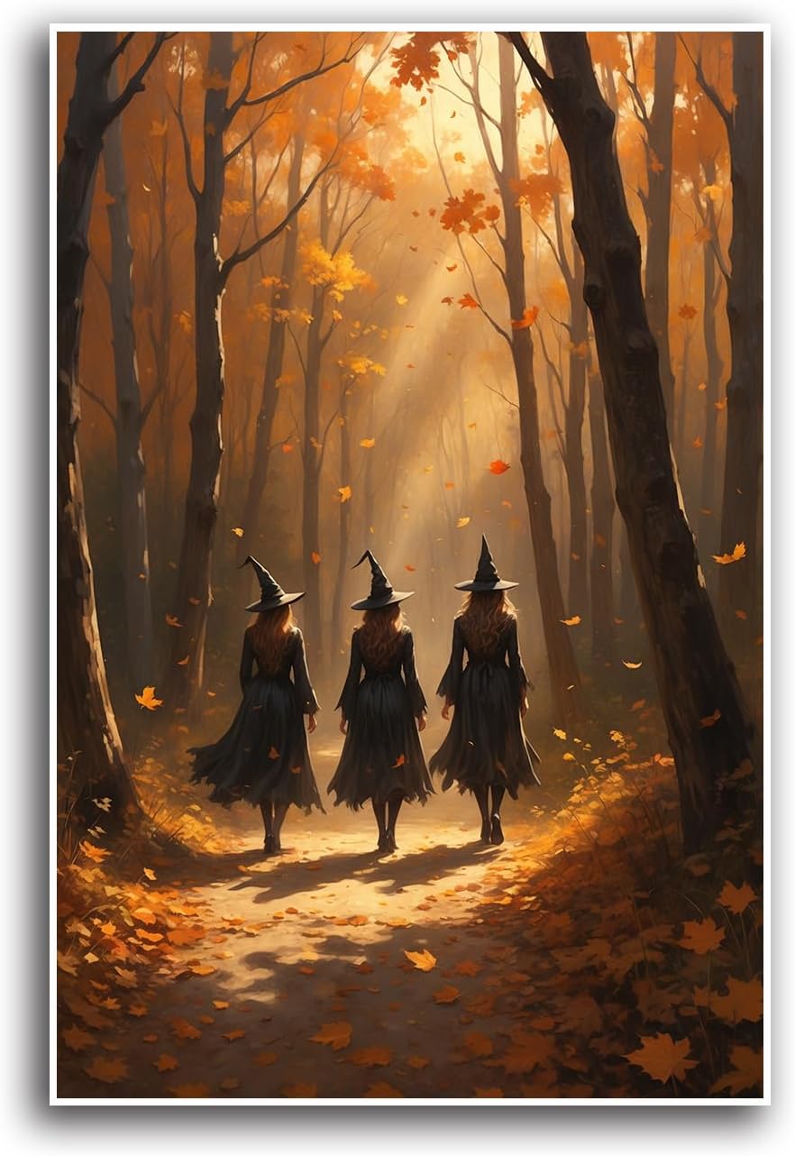 JFHCQJPK Three witches walking in the forest in autumn canvas painting gothic poster halloween print country witch wall art for home decoration20x30in Frameless