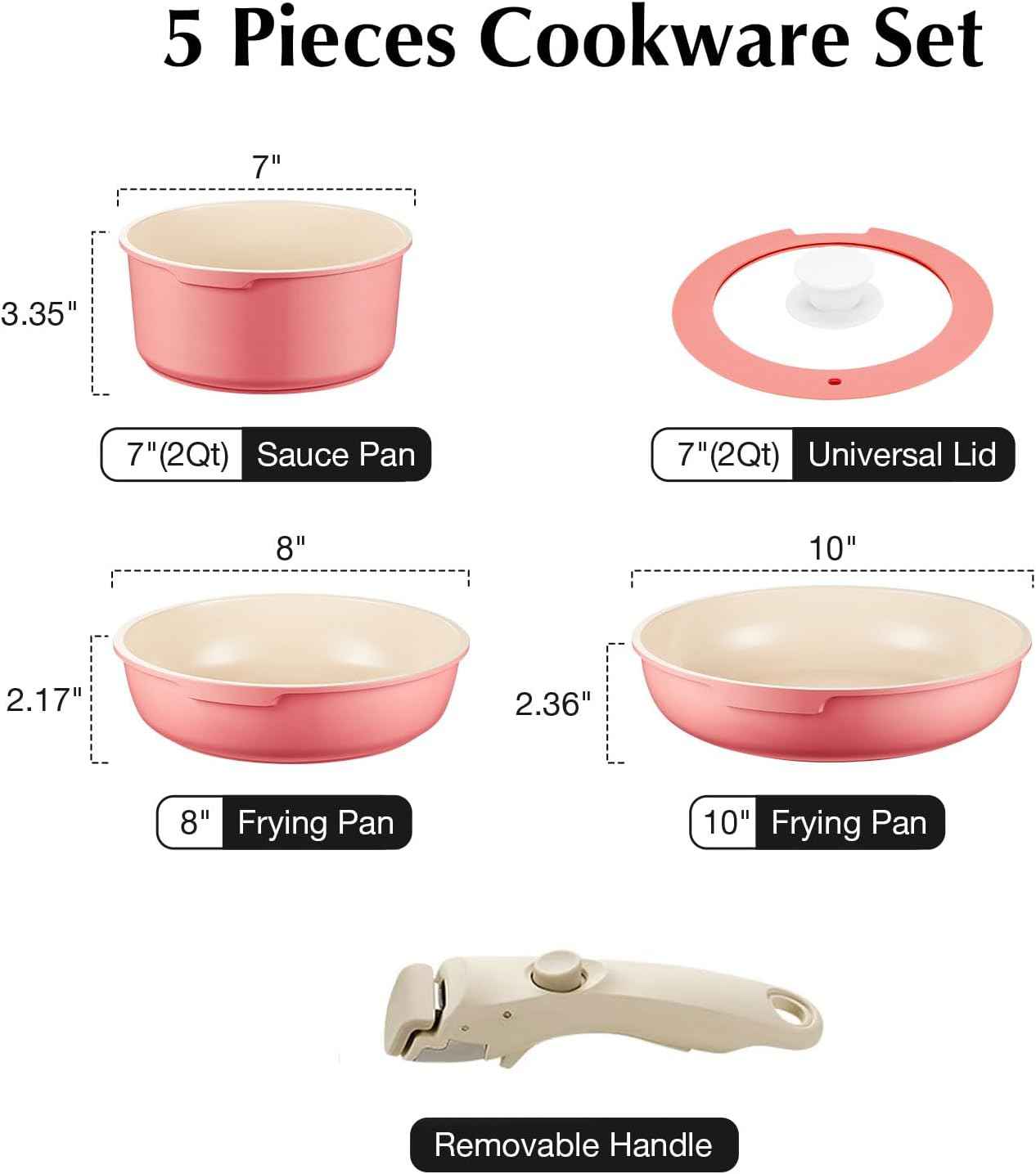 IKTU Ceramic Pots and Pans Set Non Stick Pink, 5Pcs Nonstick Cookware Set with Detachable Handle RV Camping Induction Kitchen Cookware Set Non Stick, PFAS PFOA & PTFE Free