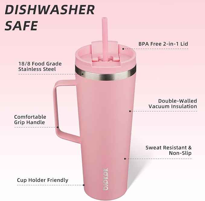 BJPKPK Insulated Tumbler with Handle, 26oz Insulated Tumblers with Lid and Straw, Stainless Steel Metal Water Bottles, Coffee Travel Mugs, Cups, Light Pink