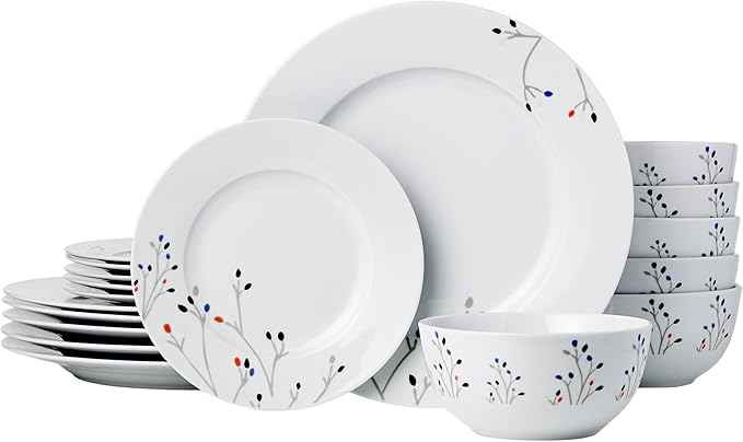 Amazon Basics 18-Piece Complete Kitchen Dinnerware Set, Microwave and Dishwasher Safe, Plates, Dishes, Bowls, Service for 6, Branches