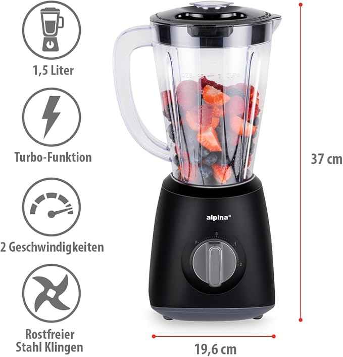 alpina Blender 1.5L, Liquidifier 400 W, Blender Jug with Turbo Function, Plastic Blender, Stainless Steel Blades, Black