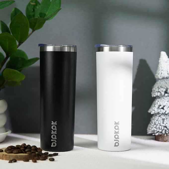 BJPKPK 20 oz Skinny Tumbler with Lid 2 Pack Slim Insulated Travel Coffee Cup Stainless Steel Thermal Mug,Black,White