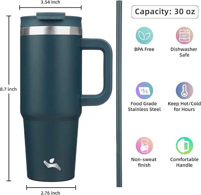 Konokyo 30 oz Tumbler with Handle and 2 Straws,2 in 1 Lid Insulated Water Bottle Stainless Steel Travel Coffee Mug,Navy blue