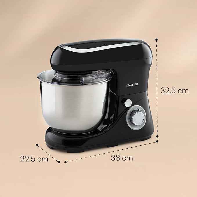 Klarstein Bella Pico 2G Kitchen Maker Food Processor Mixer with Kneading, 6 Power Levels with Pulse Function, Planetary Stirring System, 5L Stainless Steel Bowl, 3-Piece, 1300 W / 1.7 PS, Black