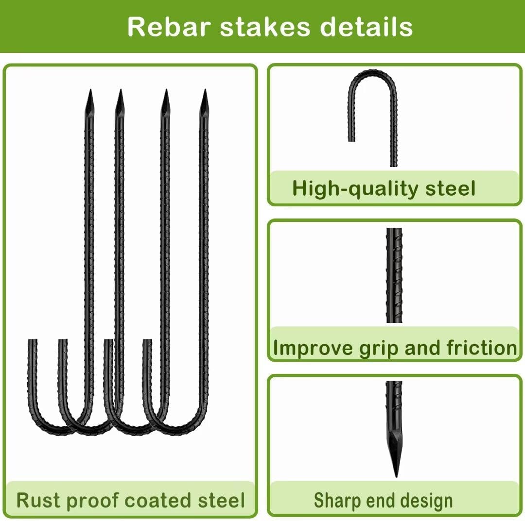 Ground-Stakes-Heavy-Duty-12 inch, J-Hook Rebar Stakes Black Coated Anti-Rust 16pcs Garden Stakes Metal Ground Anchors for Garden Dog Fence Chicken Coop Christmas Decorations Deer Fence