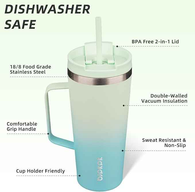 BJPKPK Insulated Tumbler with Handle, 22oz Insulated Tumblers with Lid and Straw, Stainless Steel Metal Water Bottles, Coffee Travel Mugs, Cups, Mint
