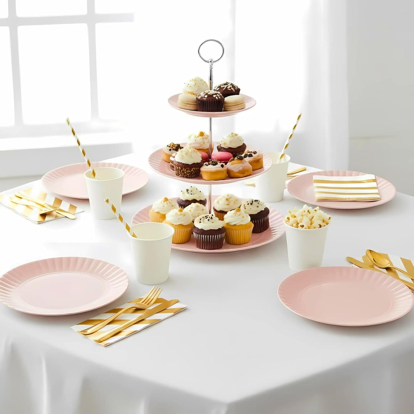 TP Reusable Melamine Paper Plates, 8" and 10.5" Round Plates for Party Picnic Outdoors, Set of 4, Light Pink