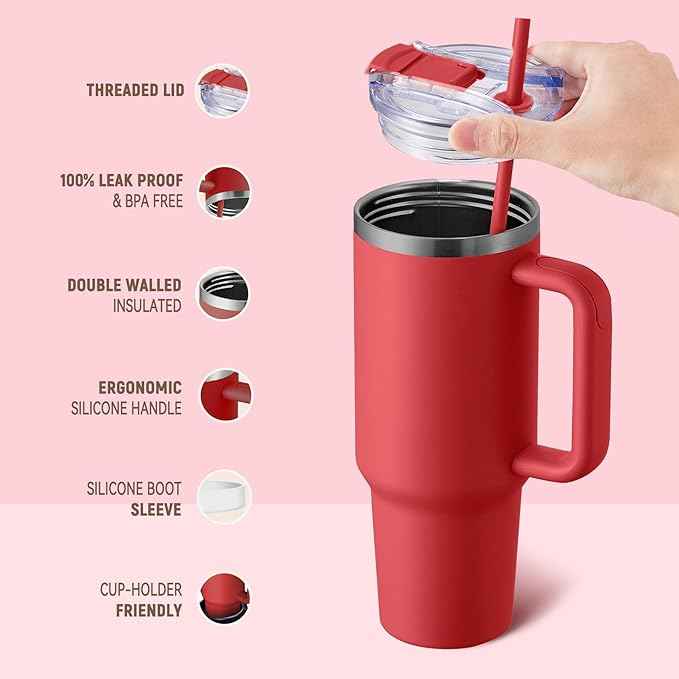 COKTIK 40 oz Tumbler With Handle and Straw, Insulated Tumbler With Leakproof Lids, Stainless Steel|BPA-Free, Cold for 24 H (Red)