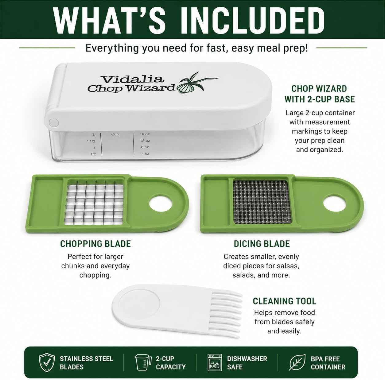 Vidalia Chop Wizard Vegetable Chopper – Original As Seen On TV Food Dicer with 2 Stainless Steel Blades, Large 2-Cup Container, Cleaning Tool, Dishwasher Safe Onion & Vegetable and Fruit Cutter