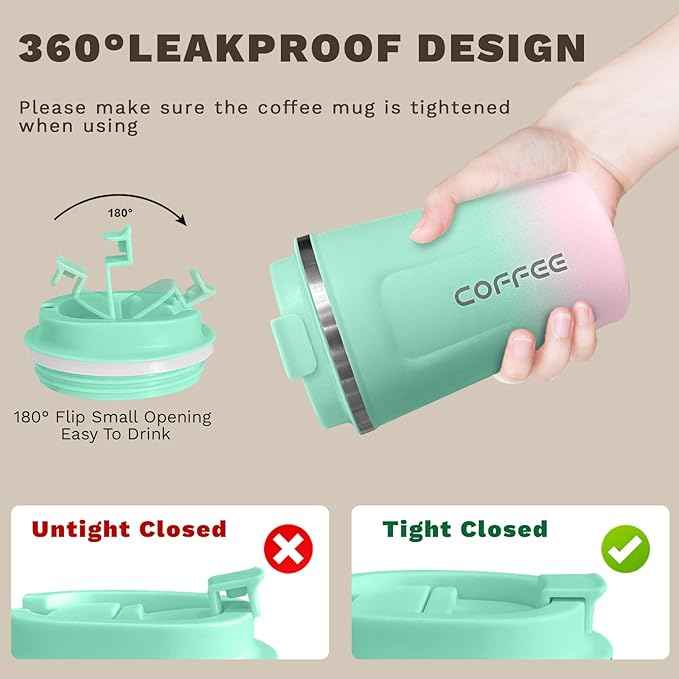 SPLMIFA Travel Coffee Mug Leak-Proof, Reusable Coffee Cups with Lids, Stainless Steel Vacuum Insulated Coffee Tumblers, Thermal Insulation Cup for Men and Women Hot & Cold Drinks(2nd-Green Pink, 12OZ)