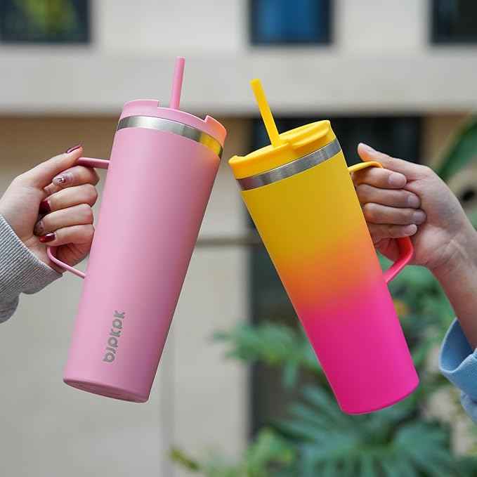 BJPKPK Insulated Tumbler with Handle, 26oz Insulated Tumblers with Lid and Straw, Stainless Steel Metal Water Bottles, Coffee Travel Mugs, Cups, Pink & Yellow Rose