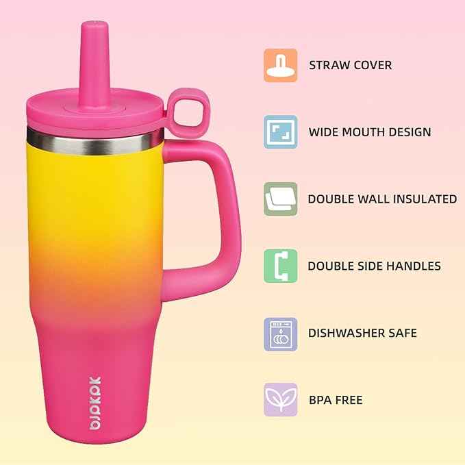 BJPKPK 32oz Stainless Steel Insulated Tumbler with Handle and Straw Travel Coffee Mug Thermal Cups with Lid,Rainbow