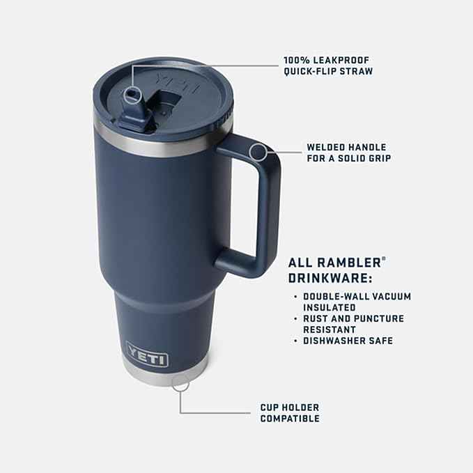 YETI Rambler 40 oz Travel Mug with Flip Straw Lid – Stainless Steel, Vacuum Insulated, Leakproof, Cup Holder Friendly