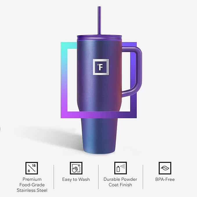 IRON °FLASK Co-Pilot Insulated Mug w/Straw & Flip Cap Lids - Cup Holder Bottle for Hot, Cold Drink - Leak-Proof- Water, Coffee Portable Travel Tumbler - Fire Red, 40 Oz