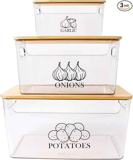 Potato and Onion Storage Bins, Transparent Acrylic Bin with Bamboo Lid, Stackable Vegetable Storage Bins for Potato, Onion, Garlic, Set of 3