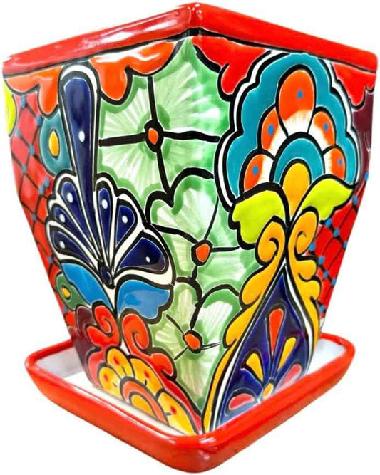 Talavera Tapered Square Planter Pot Folk Art Multicolor Mexican Pottery Home Decor Hand Painted Handmade Indoor Outdoor 9" (Multi 6)