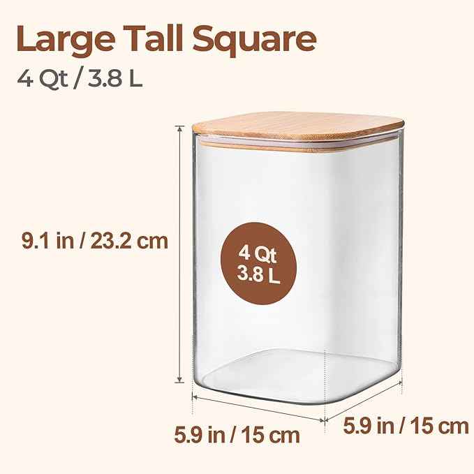ComSaf 2Pcs Large Glass Storage Containers with Lids 4Qt, 1 Gallon Wide Mouth Flour Sugar Storage Containers, Large Capacity and Sealed for Rice, Cereal, Oat, Easy Clean and Scoop, Pantry Organization