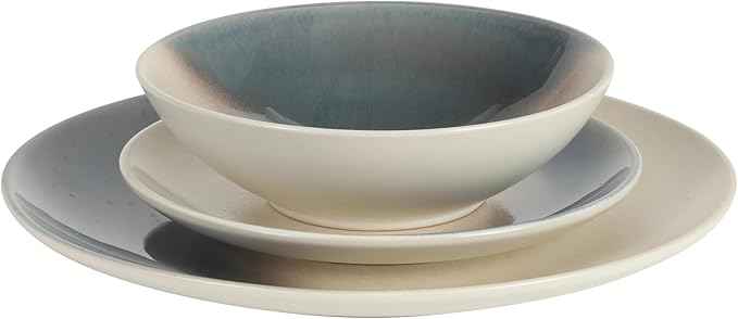 Gibson Elite Crescenton Plates and Bowls Sets, 12-Piece Blue Stoneware Dinnerware Sets, Round Reactive Glaze Dish Set