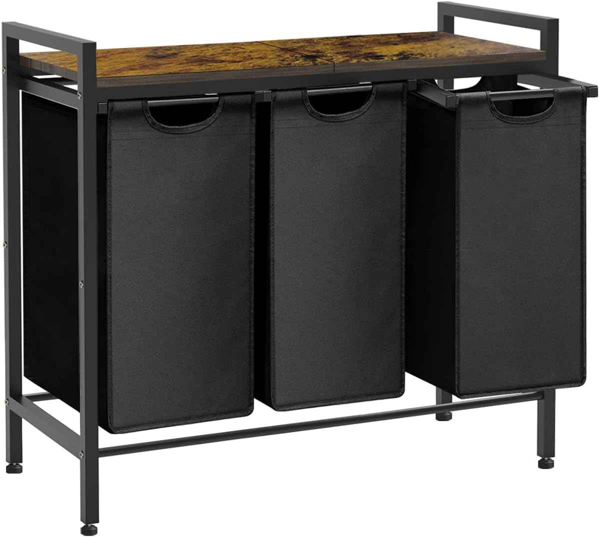 Large Laundry Hamper Sorter with 3 Removable & Pull-Out Sorting Bags, Wooden Top Shelf, Versatile Laundry Basket Organizer for Laundry Room, Bathroom, Dorm, 8 * 3 Gal, Black