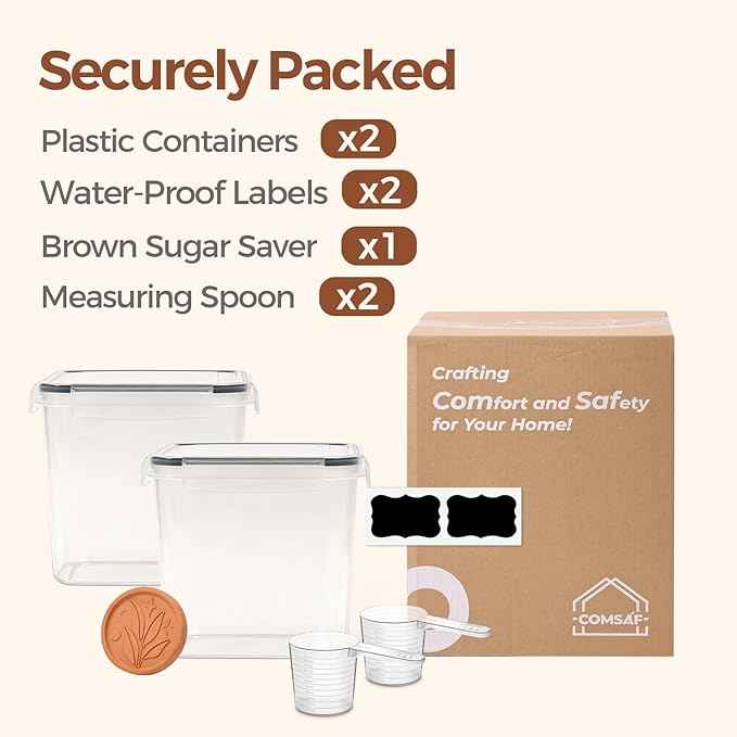 ComSaf Brown Sugar Container Set of 2 (2.5L/2.6Qt), Airtight Food Storage Containers with Lids and Terra Cotta Brown Sugar Saver, Plastic Canisters Sets for Kitchen, Pantry Organizer for Flour, Baking