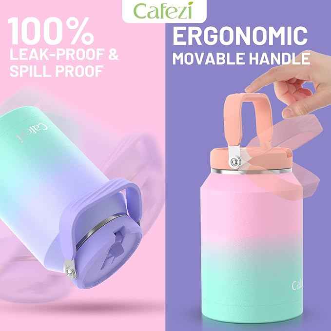 Half Gallon Insulated Water Bottle with Flip Straw, Vacuum Insulated Stainless Steel Jug with Top Handle, Leak-Proof Lid, Sweat-Free, Wide Mouth, Keeps Ice Cold up to 34 Hours