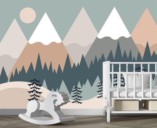 Children's Cartoon Mountain Peak Forest Sun Nursery Wall Mural Wallpaper 103" x 69"