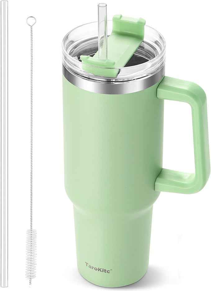 TaroKitc 40 oz Tumbler with Handle | Stainless Steel Insulated Insulated Travel Mug Iced Coffee Cup with Lids and Straw | Keeps Drinks Cold for 34 Hours | Dishwasher Safe, BPA Free | MATCHA