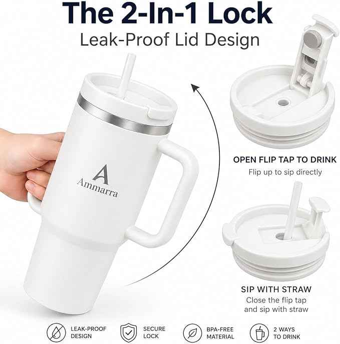 40 oz Tumbler with Handle and Straw | Insulated Stainless Steel Travel Mug with Leak Proof Lid | Cup Holder Friendly | BPA Free | Keeps Cold 12 Hours