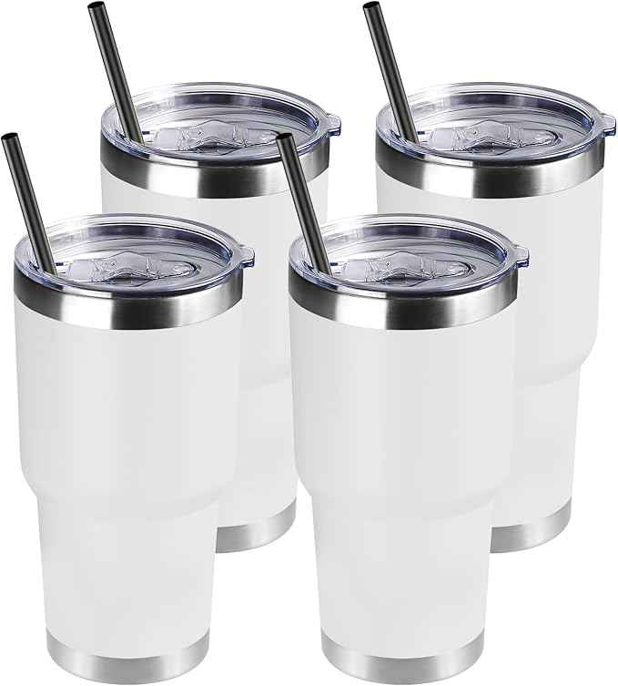 DOMICARE 30 oz Tumbler with Lid and Straw, Stainless Steel Tumblers Bulk, Insulated Vacuum Double Wall Travel Coffee Mug, Durable Powder Coated Tumbler Cups (White, 4)