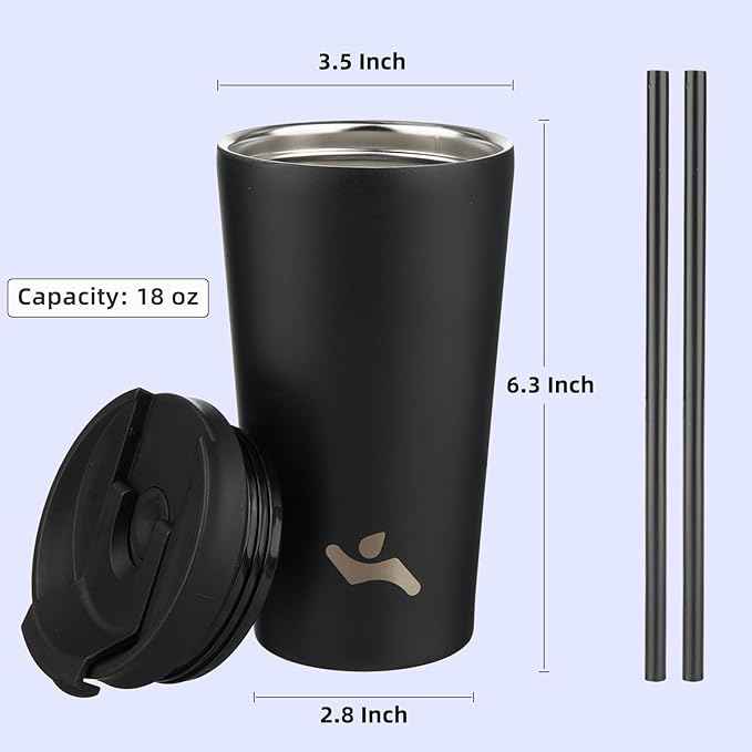 Konokyo 18 OZ Insulated Tumbler with Lid and 2 Straws Stainless Steel Water Bottle Vacuum Travel Mug Coffee Cup,Gray