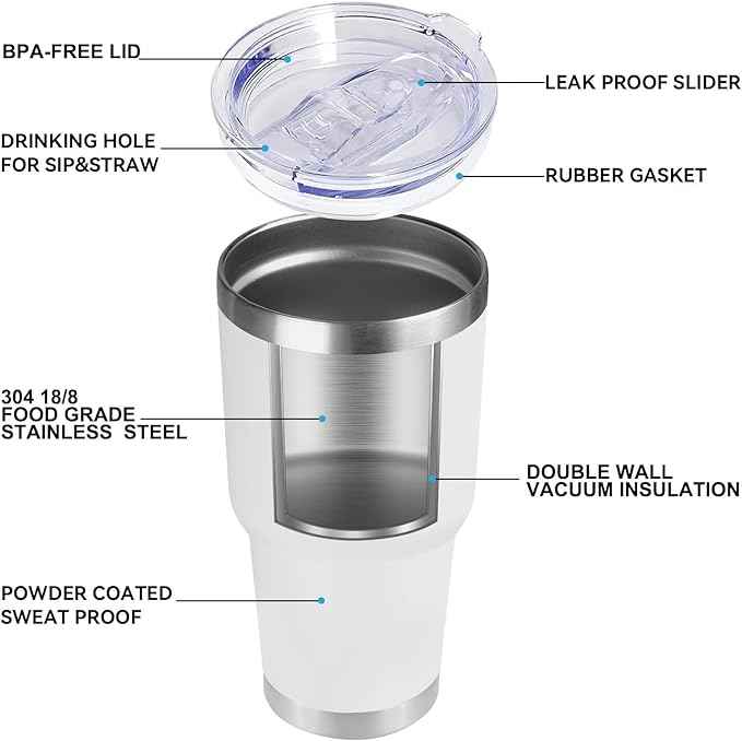 DOMICARE 30 oz Tumbler with Lid and Straw, Stainless Steel Tumblers Bulk, Insulated Vacuum Double Wall Travel Coffee Mug, Durable Powder Coated Tumbler Cup (White, 1)