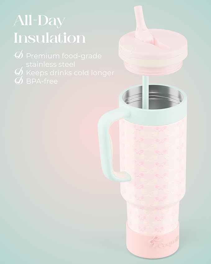 40 oz Insulated Tumbler with Handle and Push-Button Straw Lid, Stainless Steel Travel Cup for Gym Office, Leakproof, BPA-Free, Cup Holder Friendly, Bow Silicone Boot, Pink (Coquette Bloom)