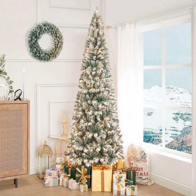 Naomi Home Artificial Christmas Tree with Lights, Prelit Christmas Tree, Christmas Tree with Lights, Pine Christmas Trees, Hinged White Christmas Trees with - Tips - Green 9 Ft/Frosted