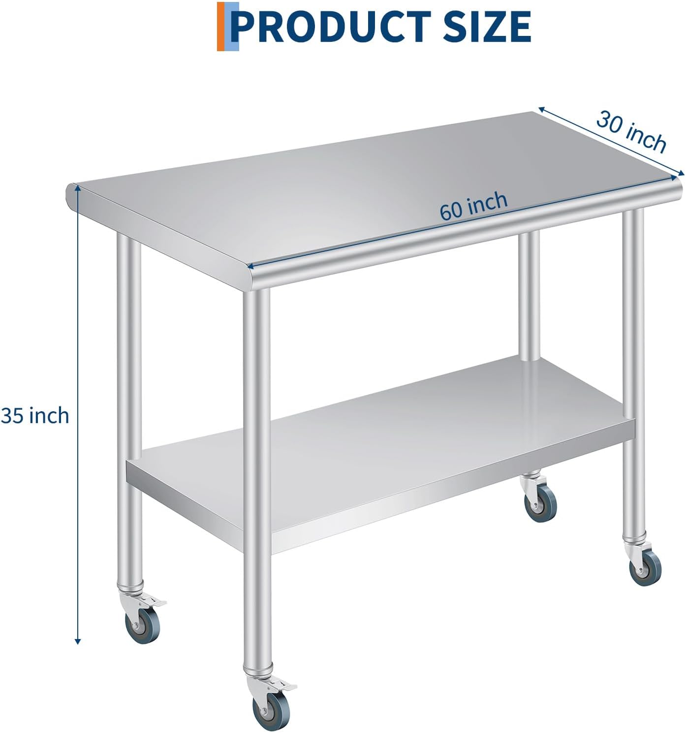 Stainless Steel Prep Table, 30x 60 Inches Heavy Duty Commercial , with Rounded-Corner, Adjustable Undershelf and 4 Caster Wheels, Heavy Duty Work Table with Adjustable Under Shelf for Outdoor, Res
