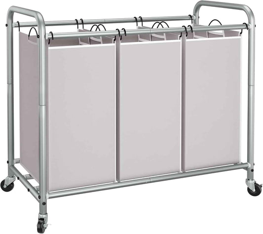 STORAGE MANIAC 3 Section Laundry Sorter, 35.6 Gal (135 L) Laundry Hamper Cart with Heavy Duty Rolling Lockable Wheels and Removable Bags, Clothes Organizer Basket Clothes Separator Hamper, Gray