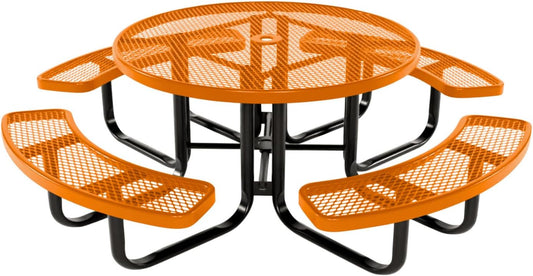 Coated Outdoor Furniture Heavy-Duty Portable Outdoor Kids Table with Umbrella Hole, Expanded Metal Kids Picnic Table, Commercial-Grade, Made in America (46 In, Round, Childrens, Orange)