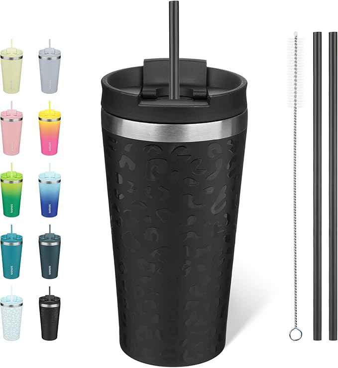 BJPKPK 18oz Insulated Tumbler With lid And Straw Stainless Steel Tumblers Travel Coffee Mug Reusable Thermal Cup,Black Leopard