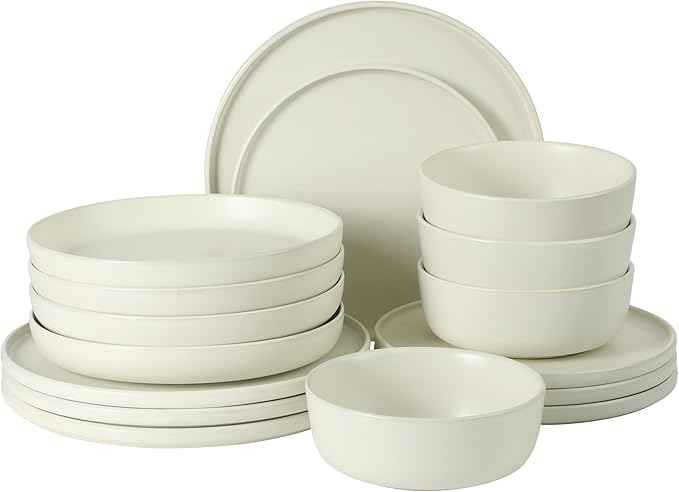 Gibson Elite Bayou Moon Plates and Bowls Sets, 16-Piece White Matte Stoneware Dinnerware Sets, Solid Color Reactive Glaze Dish Set