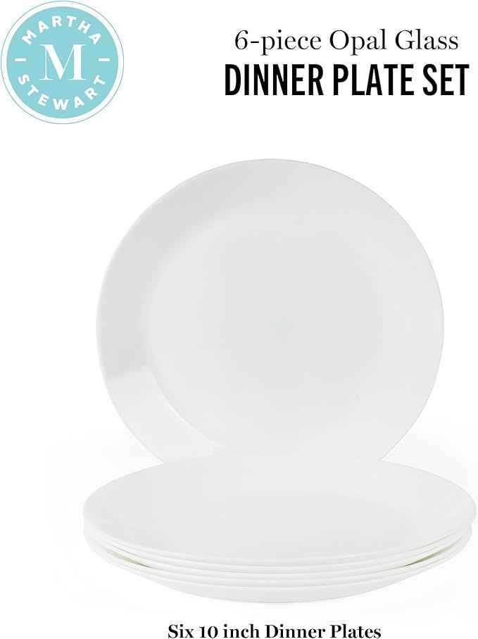 Martha Stewart Opalton Dinner Plates 6-Piece 10-Inch Plate Set – Chip and Break Resistant Opal Glass Plates - White