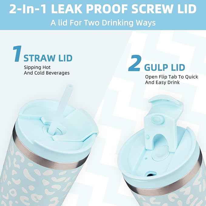 BJPKPK 26oz Tumbler With lid And Straw Stainless Steel Travel Coffee Mug Insulated Tumblers Cups,Light Blue Leopard