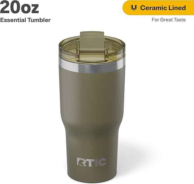 RTIC 20oz Essential Tumbler with Lid, Ceramic Lined, Insulated, Stainless Steel, Metal, Double Wall Vacuum-Insulation, Travel Cup for Iced Coffee, Tea, Hot and Cold Drink, Olive